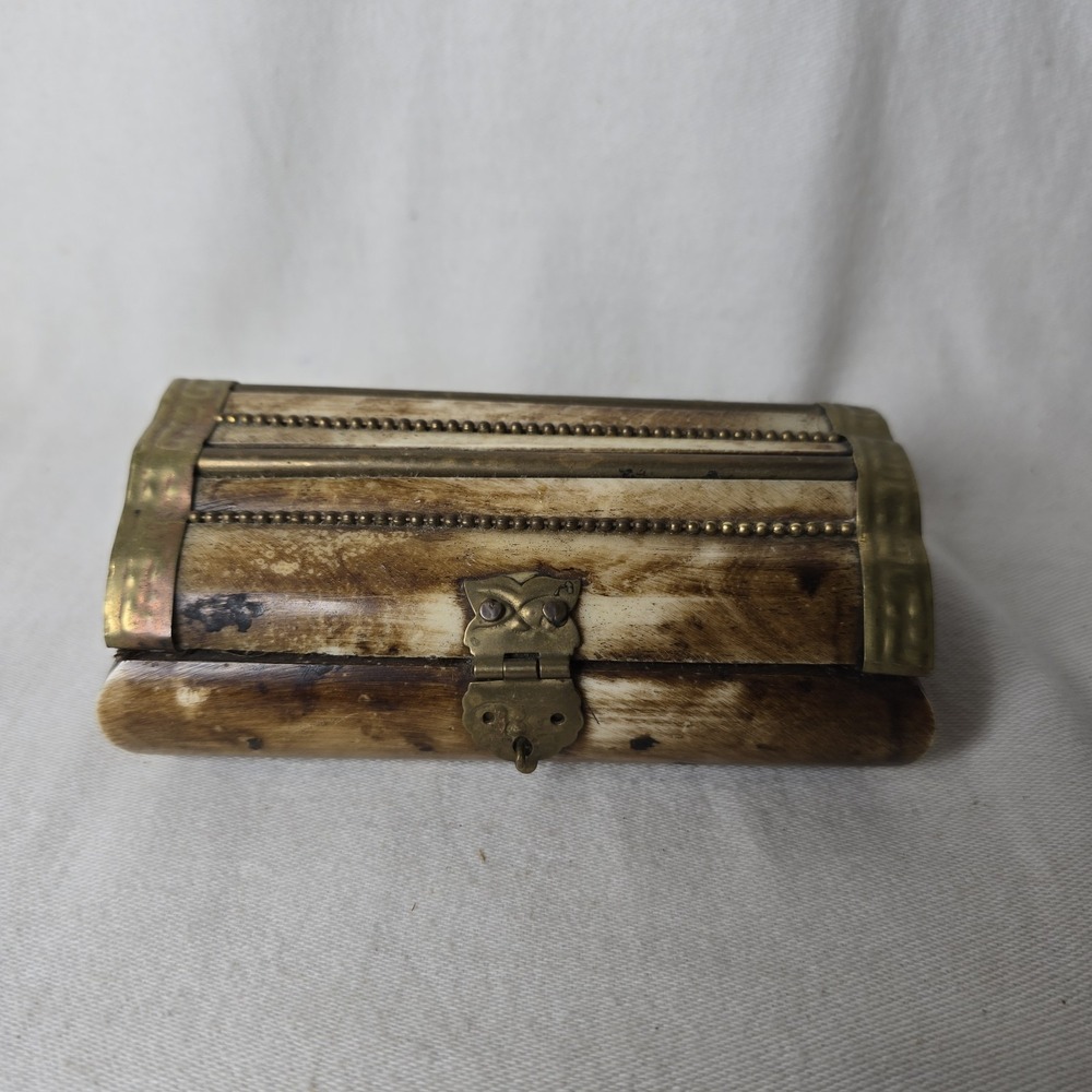Camel Bone Art Lined Trinket Jewelry Box Brass‎ Hardware Vintage